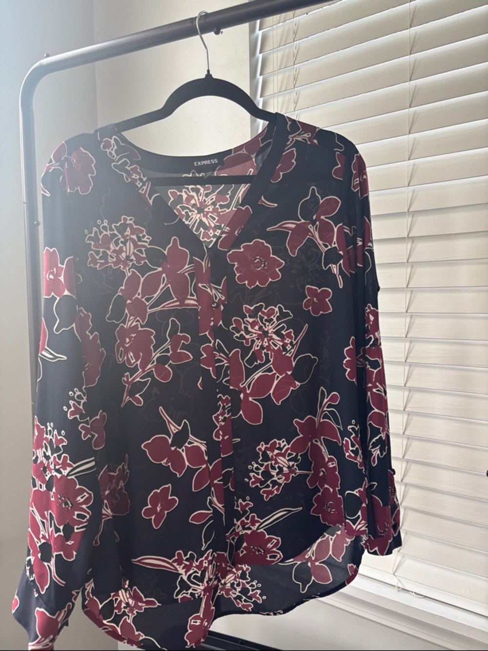 Express Black Blouse with Burgundy Floral Print